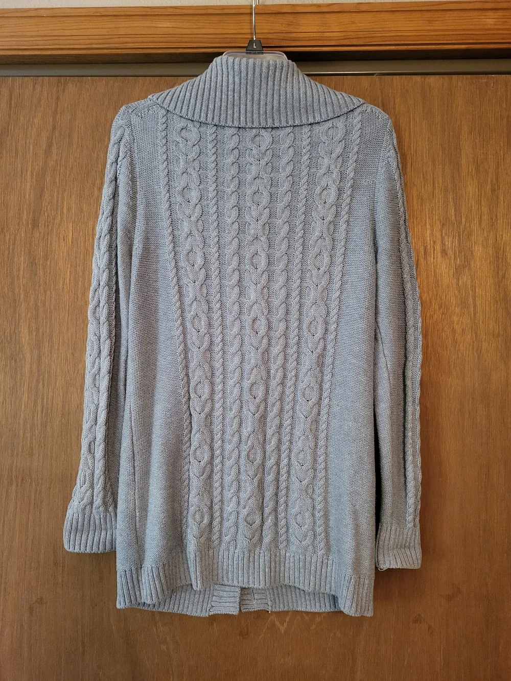 L.L. Bean Women's Light Gray Cable Knit Shawl-Collar Long Cardigan, S
